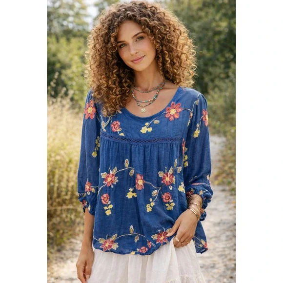 Fig and Flower Blue Floral Anthropologie Top Puff Sleeve Embroidered Size L - Picture 1 of 7